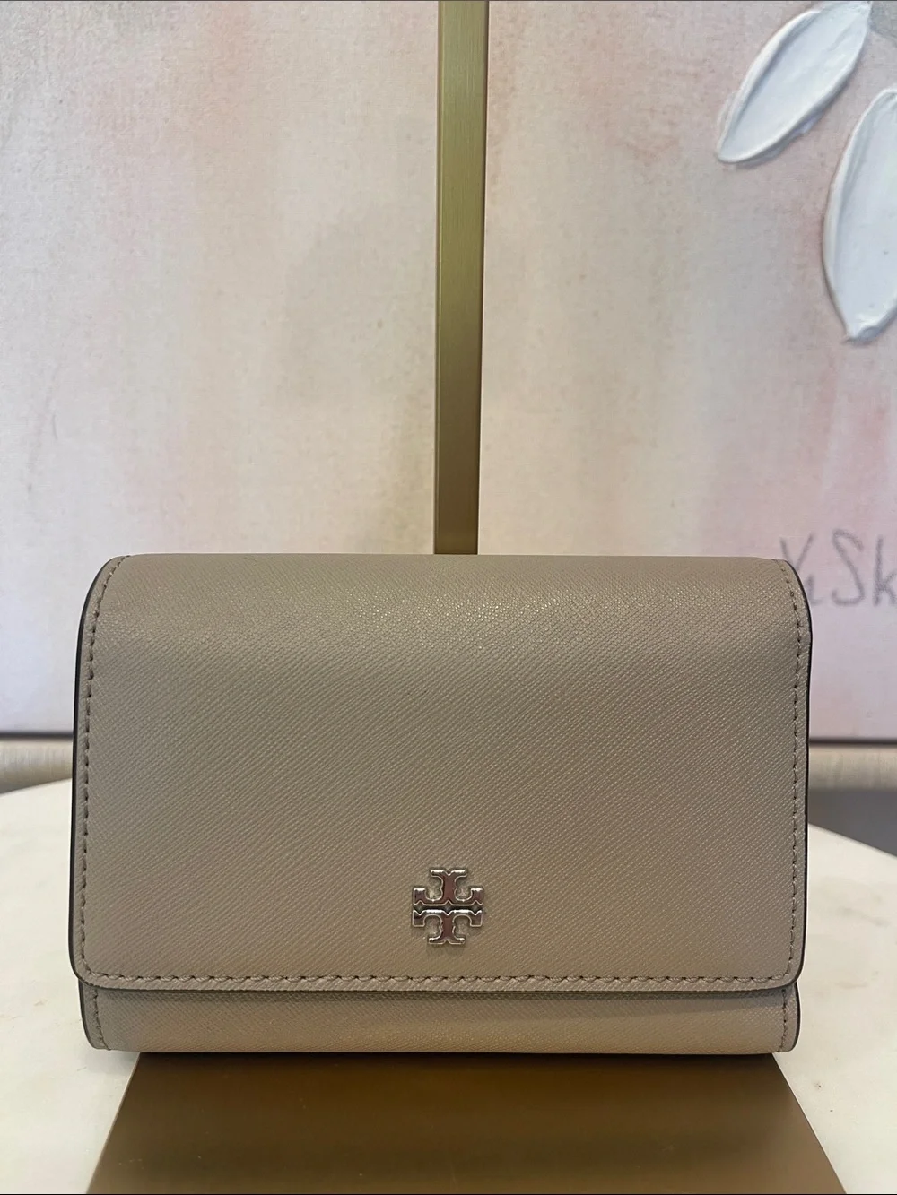 Tory Burch Taupe Trifold Wallet with Logo